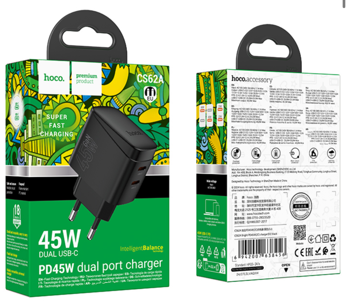 Мережевий зарядний пристрій Hoco CS62A 45W